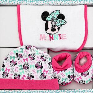 Disney - Set regalo WR 2000/2001 Set 3 pezzi confezione regalo in cotone interlock composto da bavetta, cappellino e scarpine, rosa fucsia per Minnie o cielo per Topolino.