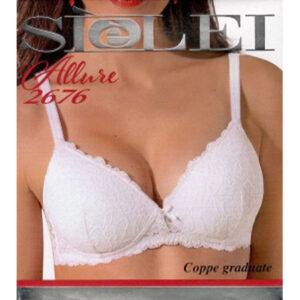 2676 Reggiseno Sielei: Push-up senza ferretto, coppa B, linea Allure. Imbottitura graduata, pizzo floreale, fiocchetto centrale. Eleganza e comfort per un décolleté sicuro di te.