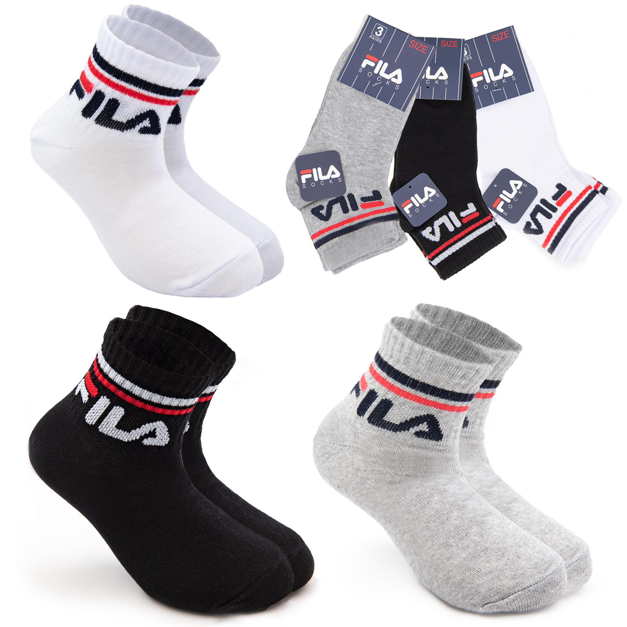 Calzini Fila Bimbo/Bimba F8338: set di 3 calze corte in cotone elasticizzato con scritta ricamata Fila. Polsino a coste e colori vivaci. Disponibili in bianco, grigio e blu navy, taglie 23/26, 27/30 e 31/34. Comfort e stile per ogni occasione.